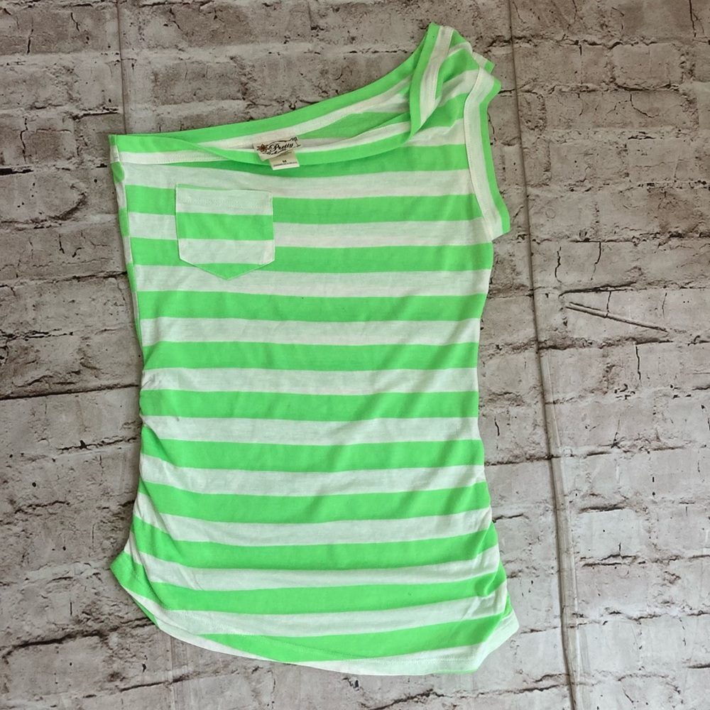 Pretty Rebellious White/Green stripes one shoulder top M